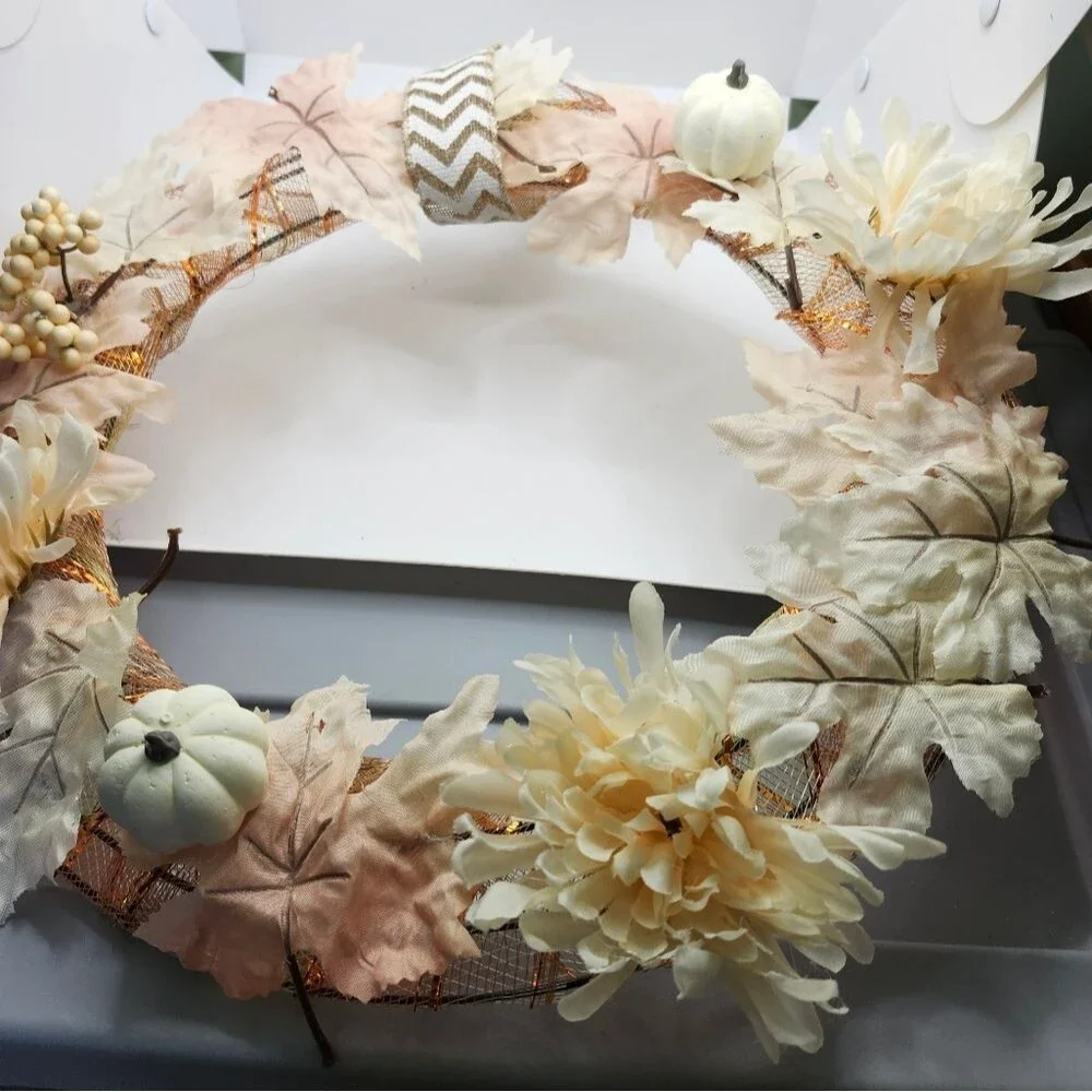 Hand Crafted Ivory Chrysanthemum Pumpkin Floral Wreath Summer Door Wall